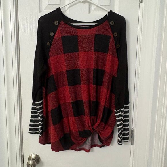 Maurices Women’s Red Black Buffalo Plaid Knot Front Top – Long Sleeve Button Det - Picture 1 of 8